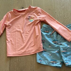 Carters Kids Peach Long-Sleeve Rash Guard with Blue Island Print Swim Shorts